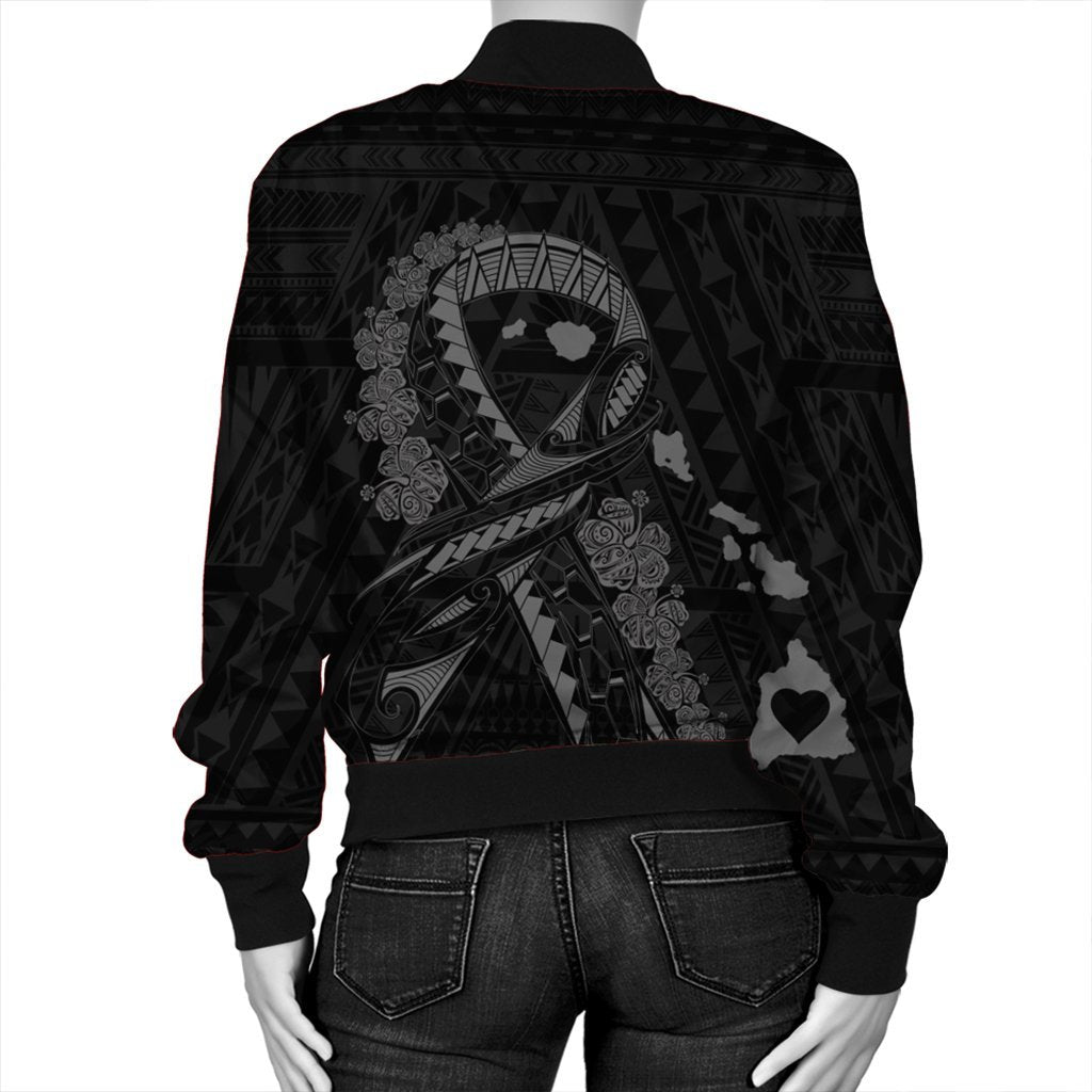 Hawaiian Map Heart Ribbon Cancer Hibiscus Gray Polynesian Bomber Jacket - AH - Polynesian Pride