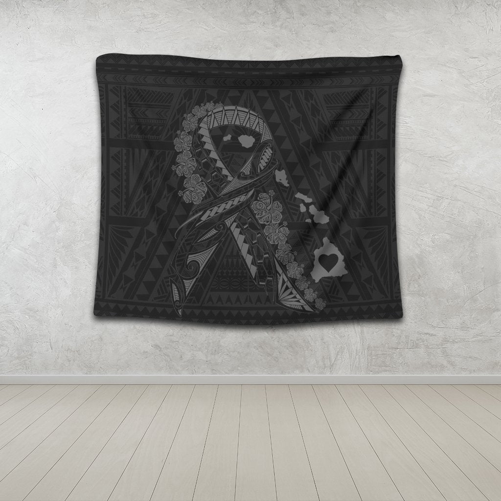 Hawaiian Map Heart Ribbon Cancer Hibiscus Gray Polynesian Tapestry - AH - Polynesian Pride