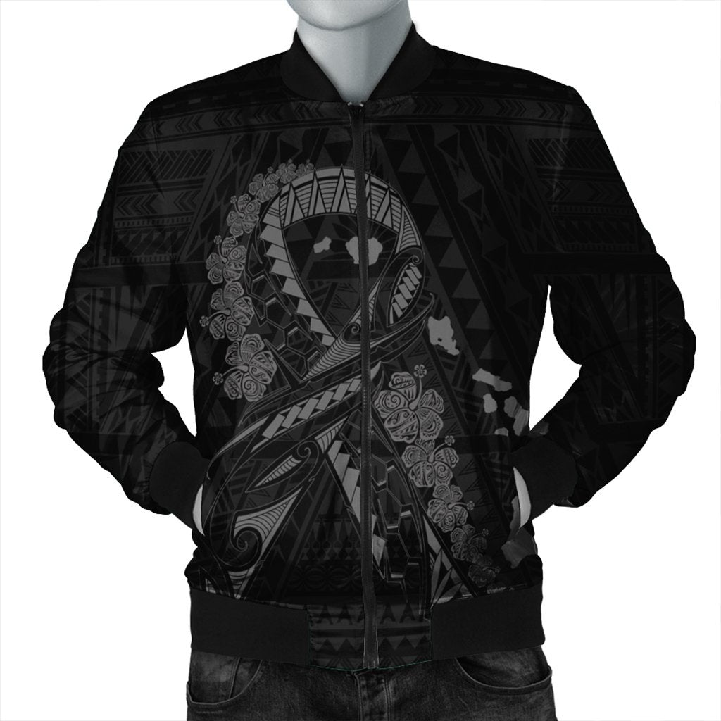 Hawaiian Map Heart Ribbon Cancer Hibiscus Gray Polynesian Bomber Jacket - AH Black Unisex - Polynesian Pride