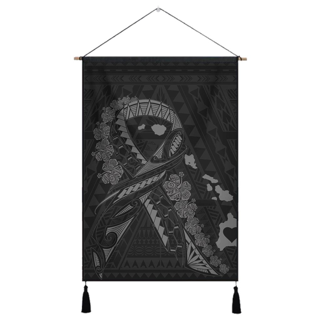 Hawaiian Map Heart Ribbon Cancer Hibiscus Gray Polynesian Hanging Poster - AH Hanging Poster Cotton And Linen - Polynesian Pride