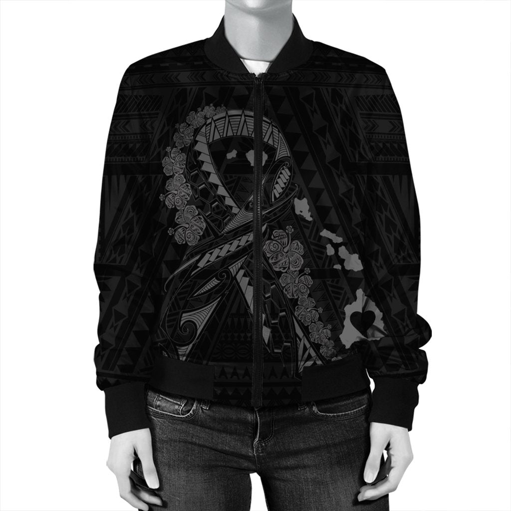 Hawaiian Map Heart Ribbon Cancer Hibiscus Gray Polynesian Bomber Jacket - AH - Polynesian Pride