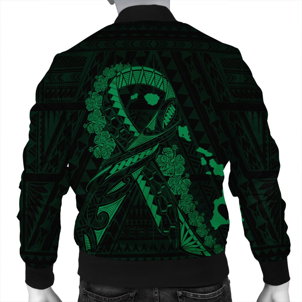 Hawaiian Map Heart Ribbon Cancer Hibiscus Green Polynesian Bomber Jacket - AH - Polynesian Pride
