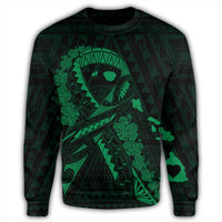 Hawaiian Map Heart Ribbon Cancer Hibiscus Green Polynesian Sweatshirt - AH - Polynesian Pride