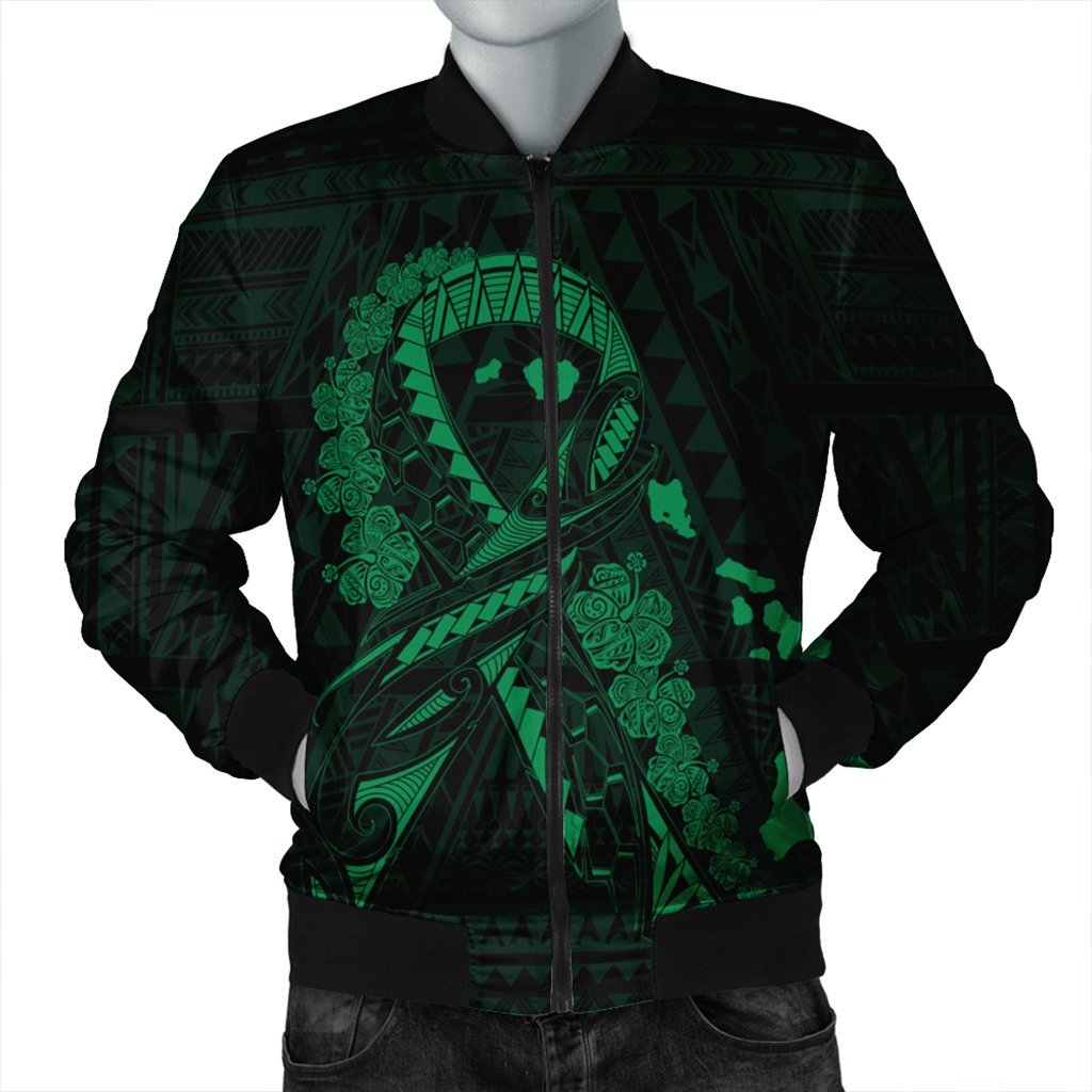 Hawaiian Map Heart Ribbon Cancer Hibiscus Green Polynesian Bomber Jacket - AH Black Unisex - Polynesian Pride