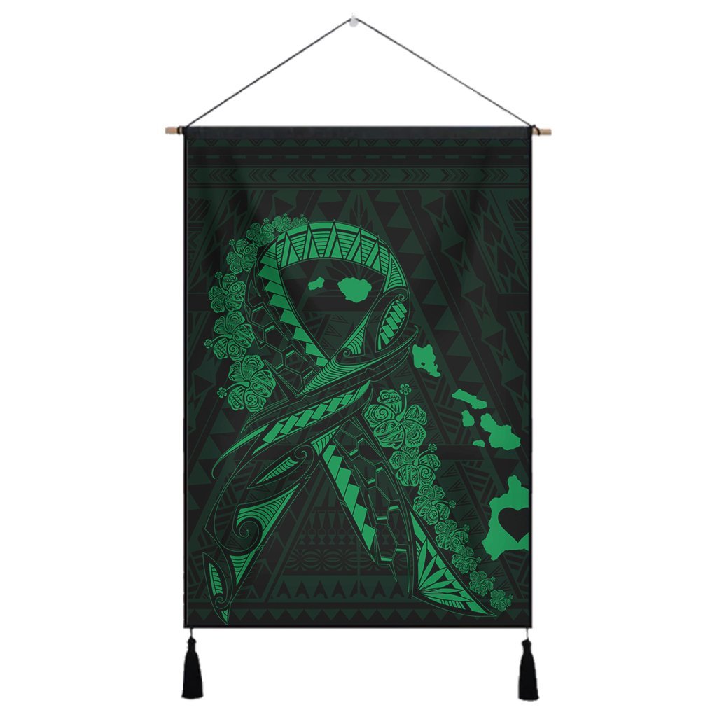 Hawaiian Map Heart Ribbon Cancer Hibiscus Green Polynesian Hanging Poster - AH Hanging Poster Cotton And Linen - Polynesian Pride