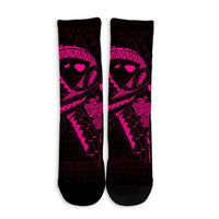 Hawaiian Map Heart Ribbon Cancer Hibiscus Pink Polynesian Crew Socks - AH - Polynesian Pride