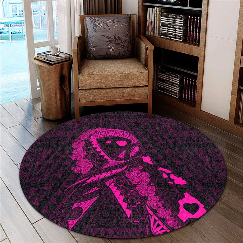 Hawaiian Map Heart Ribbon Cancer Hibiscus Pink Polynesian Round Carpet - AH - Polynesian Pride