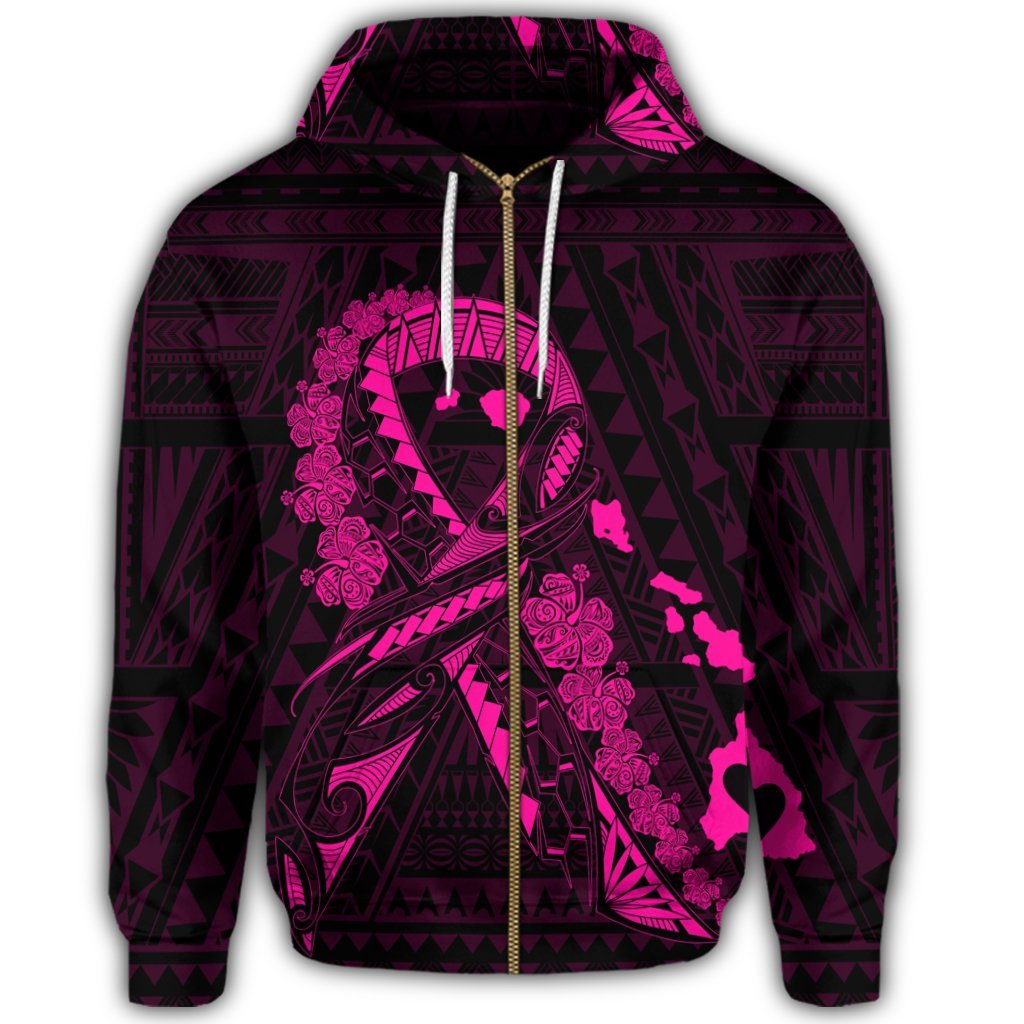 Hawaiian Map Heart Ribbon Cancer Hibiscus Pink Polynesian Zip Hoodie - Polynesian Pride