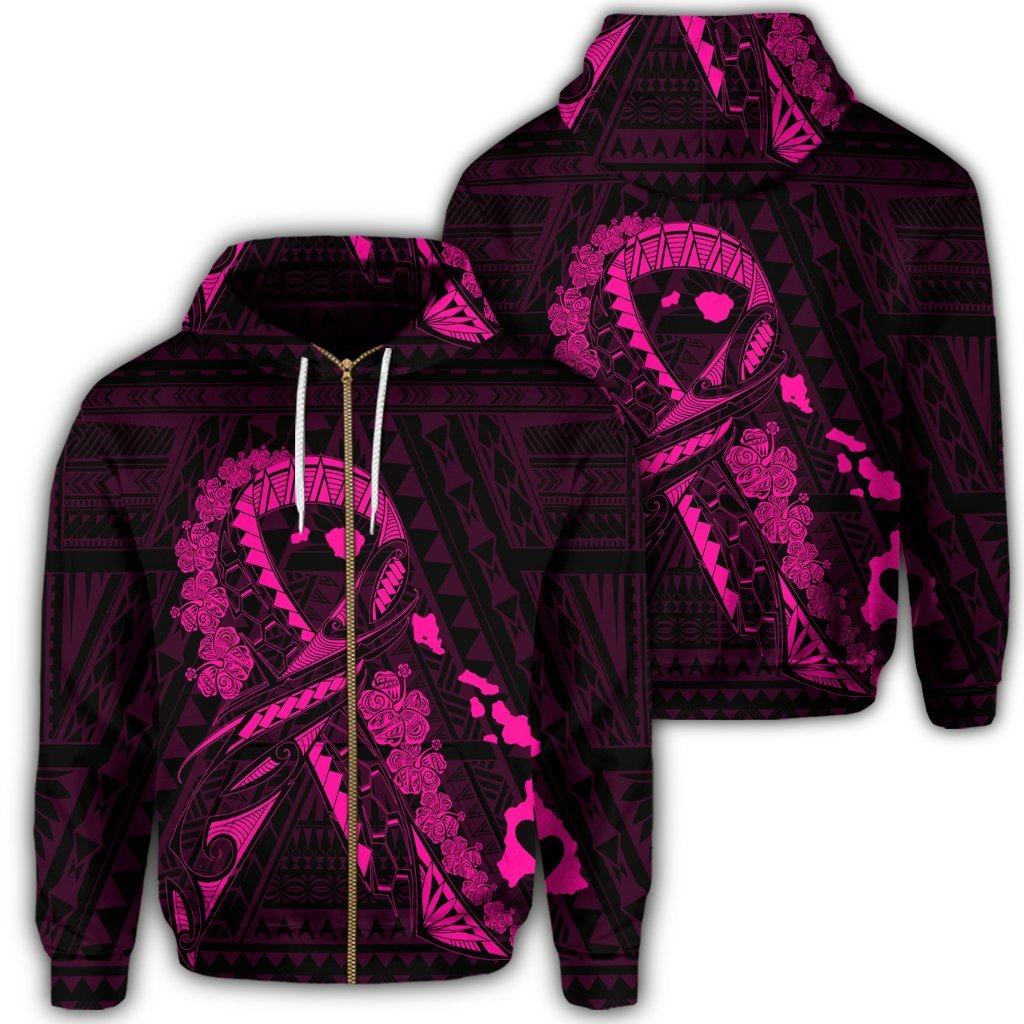 Hawaiian Map Heart Ribbon Cancer Hibiscus Pink Polynesian Zip Hoodie Unisex Art - Polynesian Pride