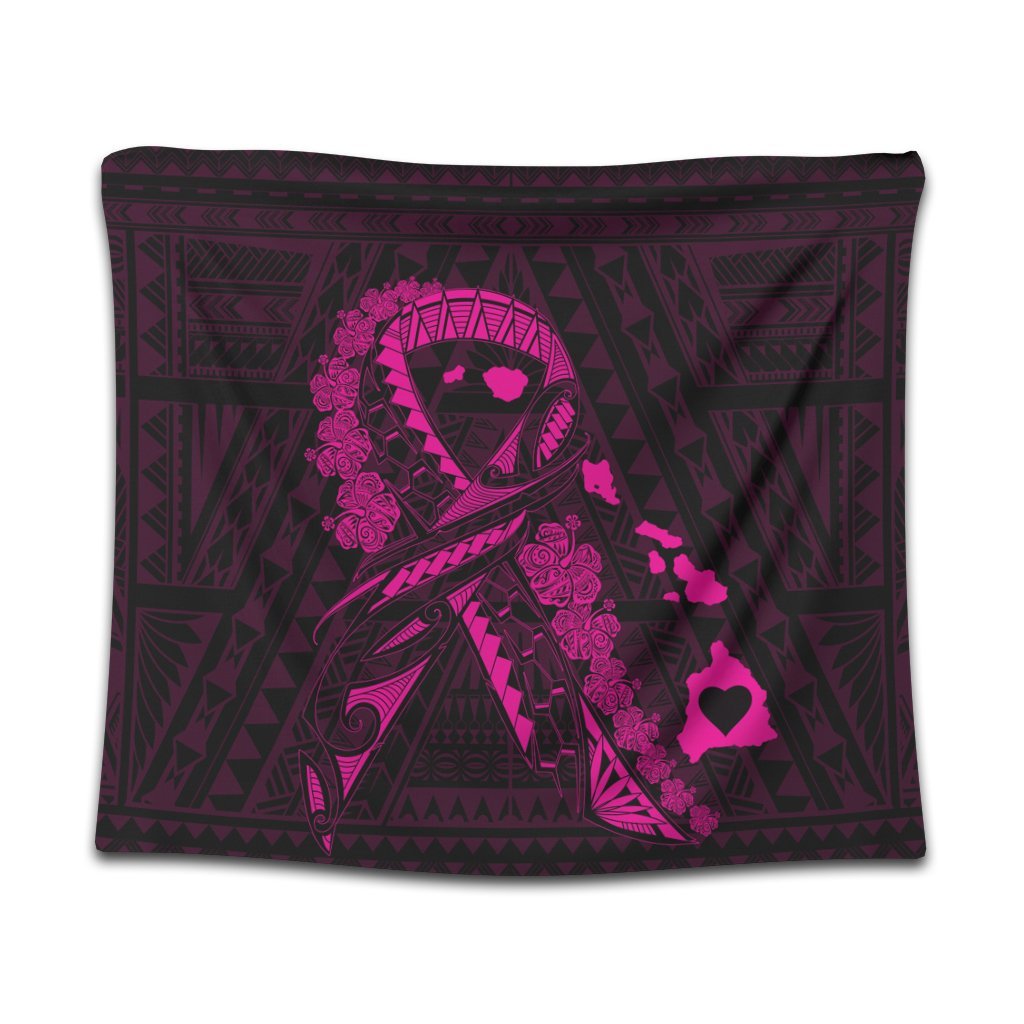 Hawaiian Map Heart Ribbon Cancer Hibiscus Pink Polynesian Tapestry - AH Wall Tapestry Black - Polynesian Pride
