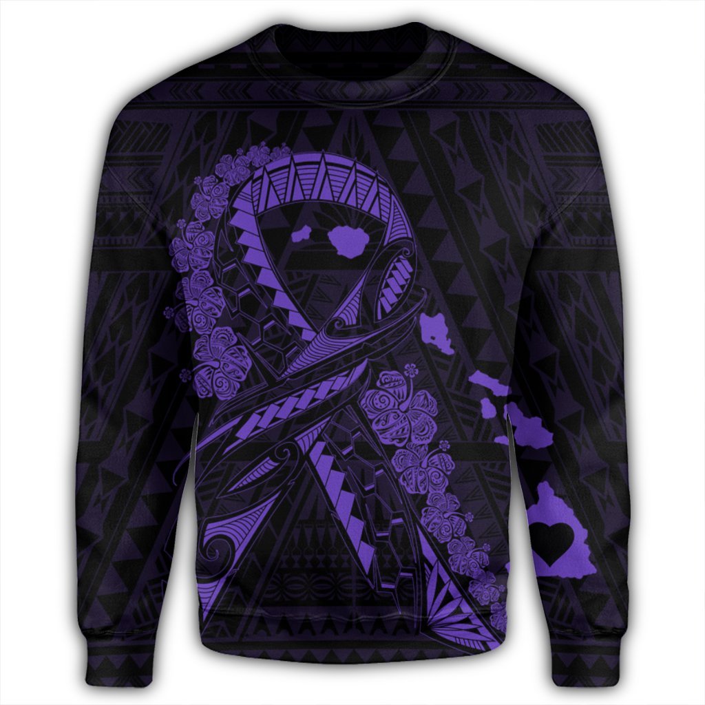 Hawaiian Map Heart Ribbon Cancer Hibiscus Purple Polynesian Sweatshirt - AH - Polynesian Pride