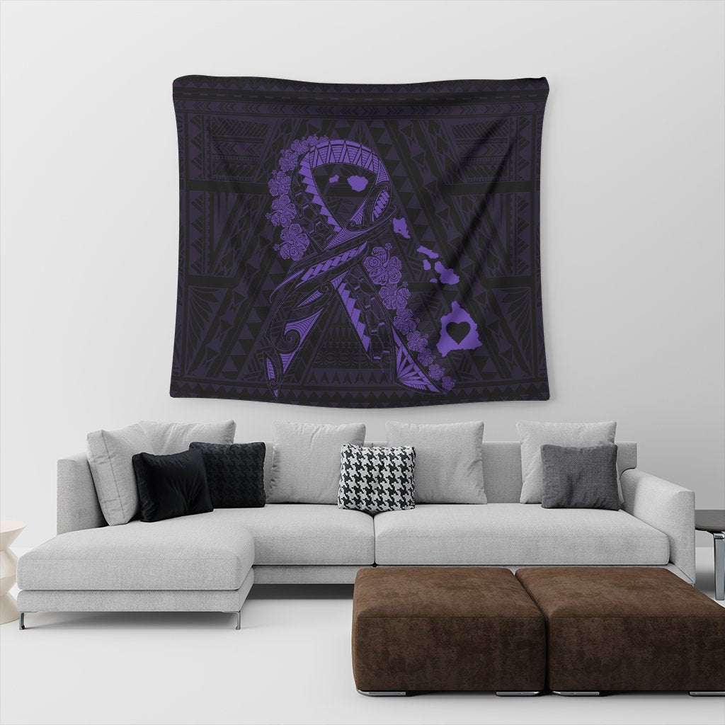 Hawaiian Map Heart Ribbon Cancer Hibiscus Purple Polynesian Tapestry - AH - Polynesian Pride