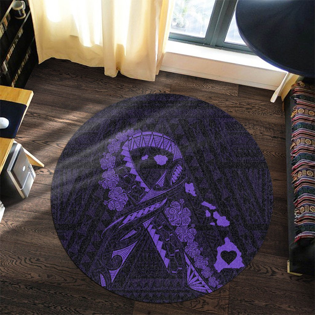 Hawaiian Map Heart Ribbon Cancer Hibiscus Purple Polynesian Round Carpet - AH - Polynesian Pride