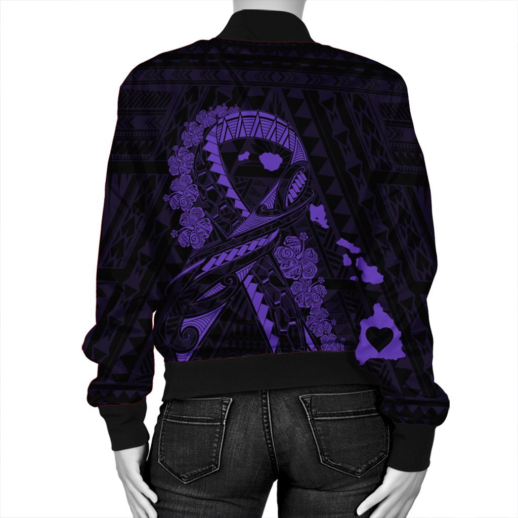 Hawaiian Map Heart Ribbon Cancer Hibiscus Purple Polynesian Bomber Jacket - AH - Polynesian Pride