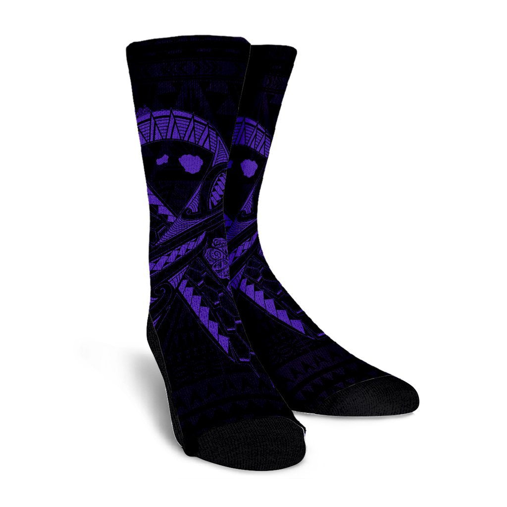 Hawaiian Map Heart Ribbon Cancer Hibiscus Purple Polynesian Crew Socks - AH - Polynesian Pride