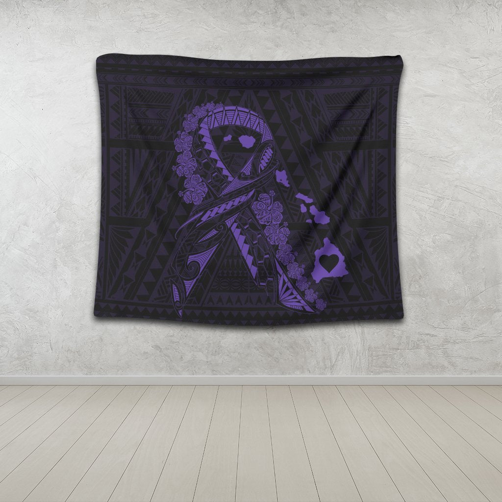 Hawaiian Map Heart Ribbon Cancer Hibiscus Purple Polynesian Tapestry - AH - Polynesian Pride