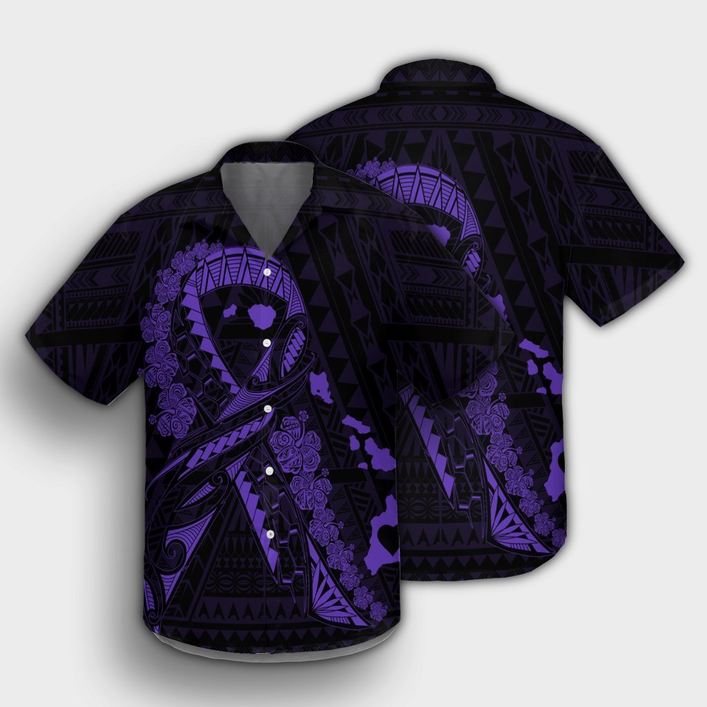 Hawaiian Map Heart Ribbon Cancer Hibiscus Purple Polynesian Hawaiian Shirt - AH - Polynesian Pride