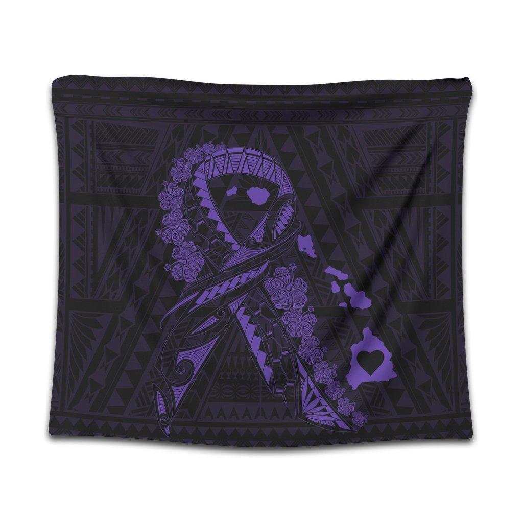 Hawaiian Map Heart Ribbon Cancer Hibiscus Purple Polynesian Tapestry - AH Wall Tapestry Black - Polynesian Pride