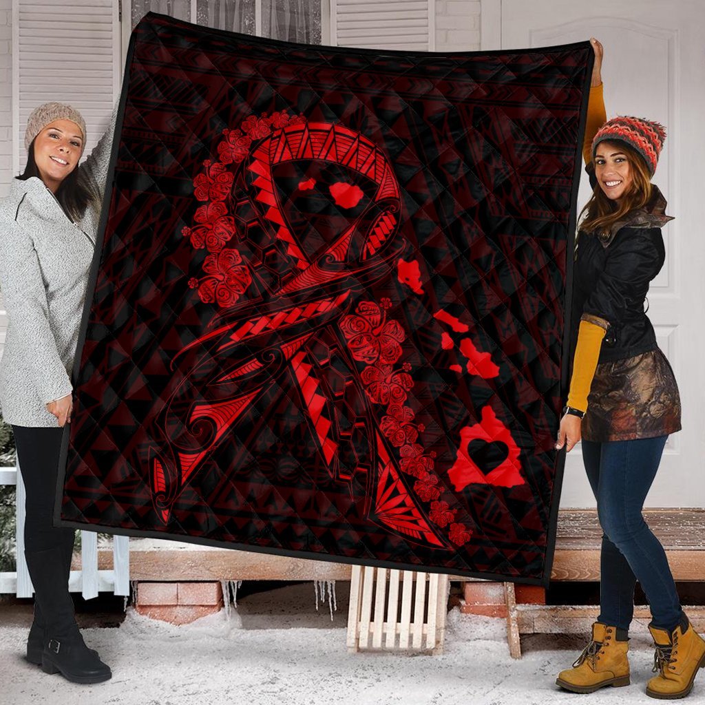 Hawaiian Map Heart Ribbon Cancer Hibiscus Red Polynesian Premium Quilts - AH - Polynesian Pride