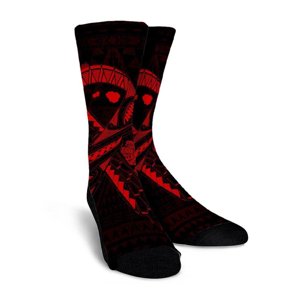 Hawaiian Map Heart Ribbon Cancer Hibiscus Red Polynesian Crew Socks - AH - Polynesian Pride