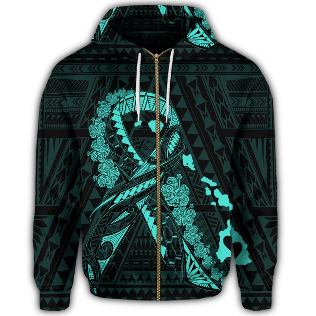Hawaiian Map Heart Ribbon Cancer Hibiscus Turquoise Polynesian Zip Hoodie - Polynesian Pride