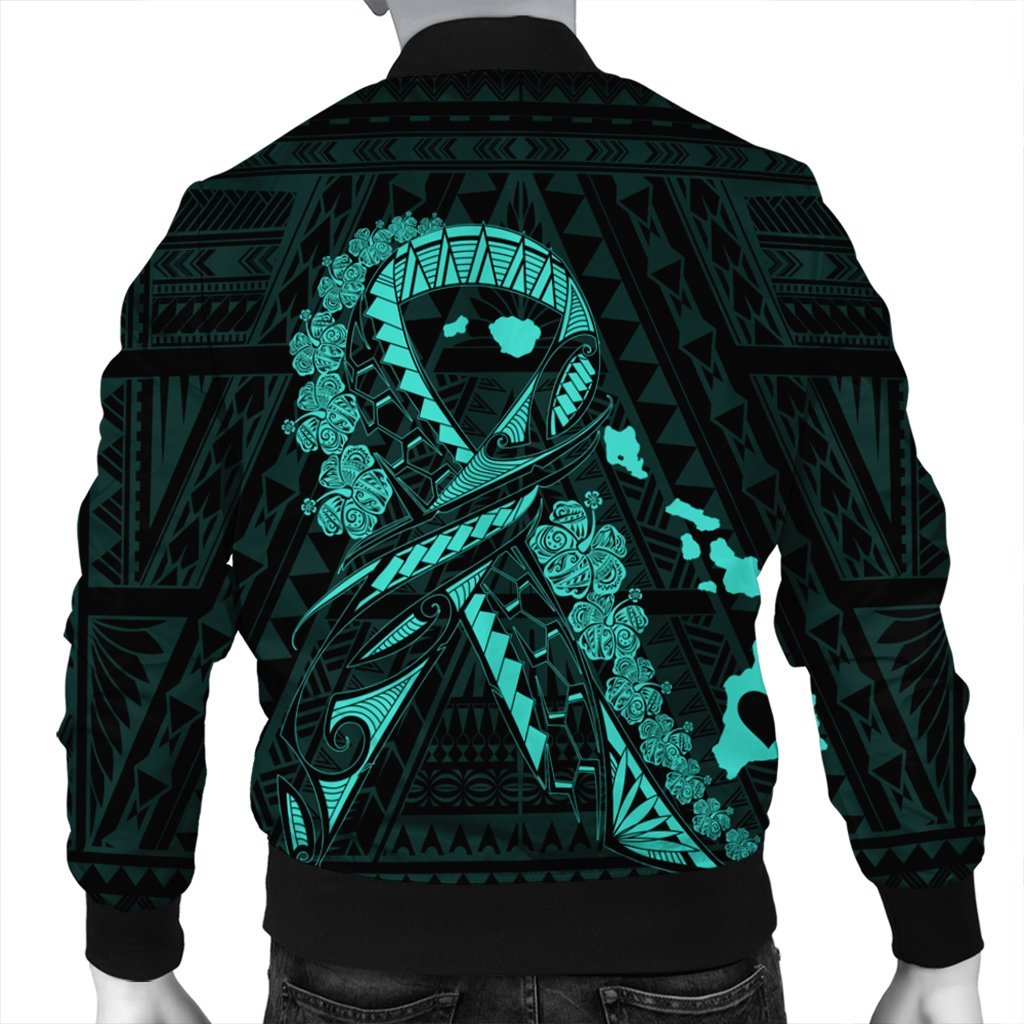 Hawaiian Map Heart Ribbon Cancer Hibiscus Turquoise Polynesian Bomber Jacket - AH - Polynesian Pride