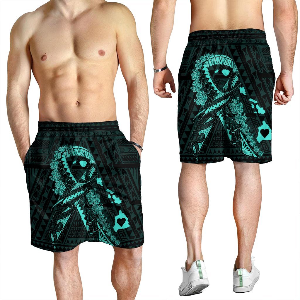 Hawaiian Map Heart Ribbon Cancer Hibiscus Turquoise Polynesian Men's Shorts - AH - Polynesian Pride