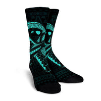 Hawaiian Map Heart Ribbon Cancer Hibiscus Turquoise Polynesian Crew Socks - AH - Polynesian Pride