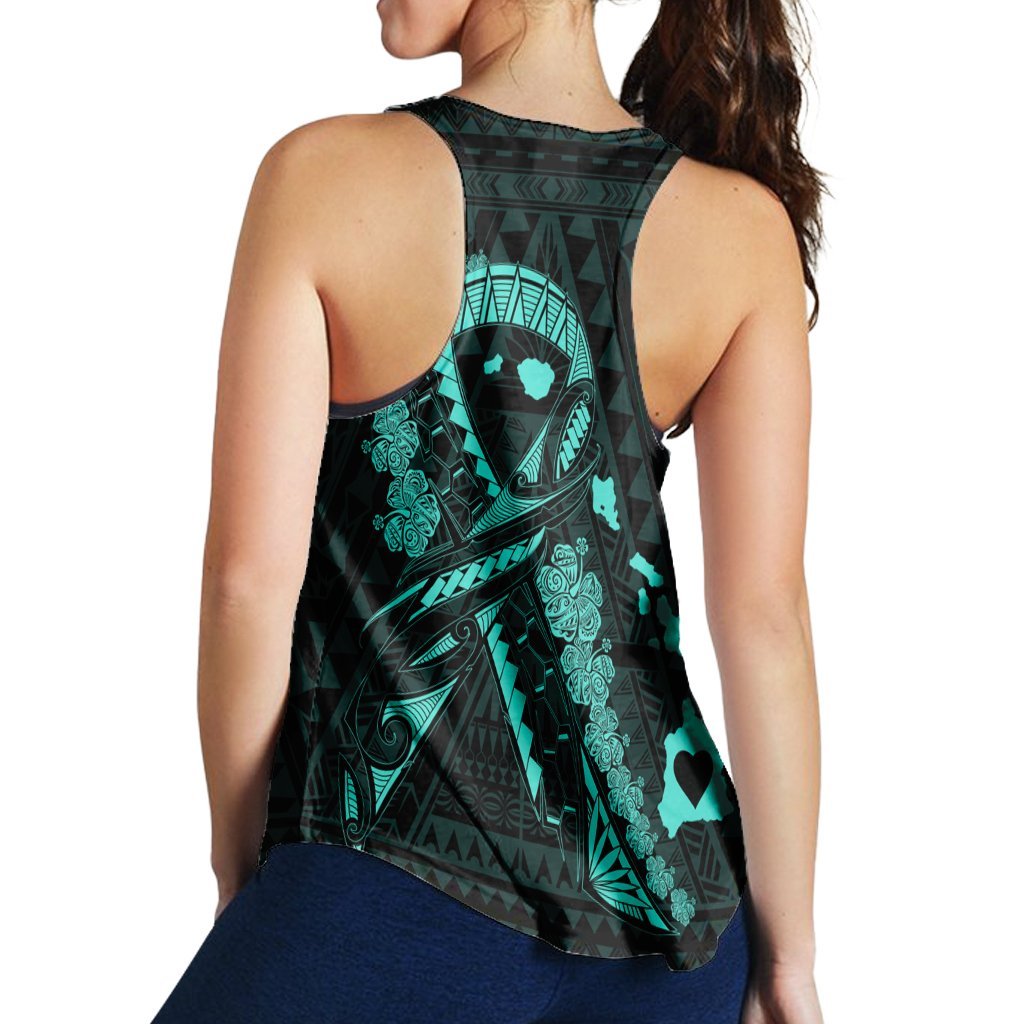 Hawaiian Map Heart Ribbon Cancer Hibiscus Turquoise Polynesian Racerback Tank - AH - Polynesian Pride