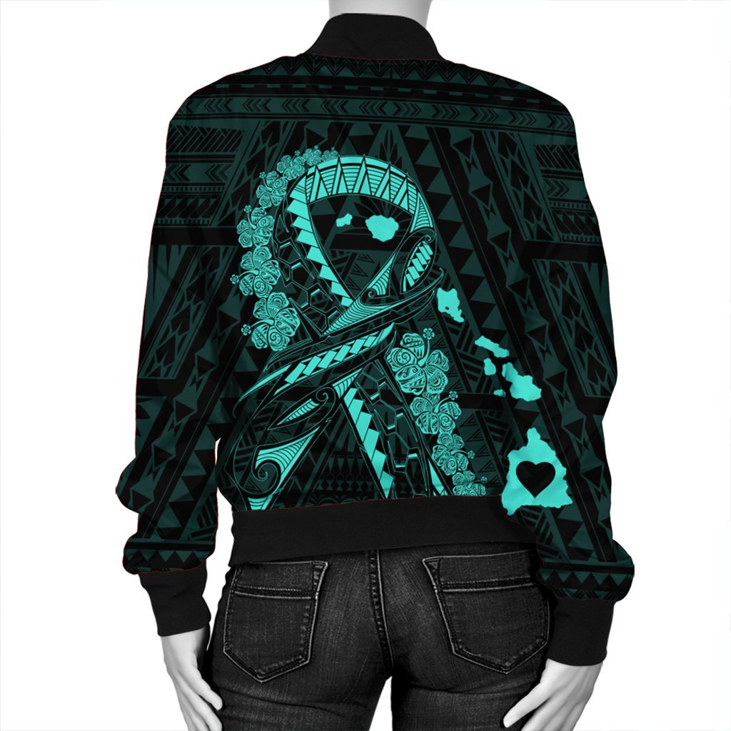 Hawaiian Map Heart Ribbon Cancer Hibiscus Turquoise Polynesian Bomber Jacket - AH - Polynesian Pride