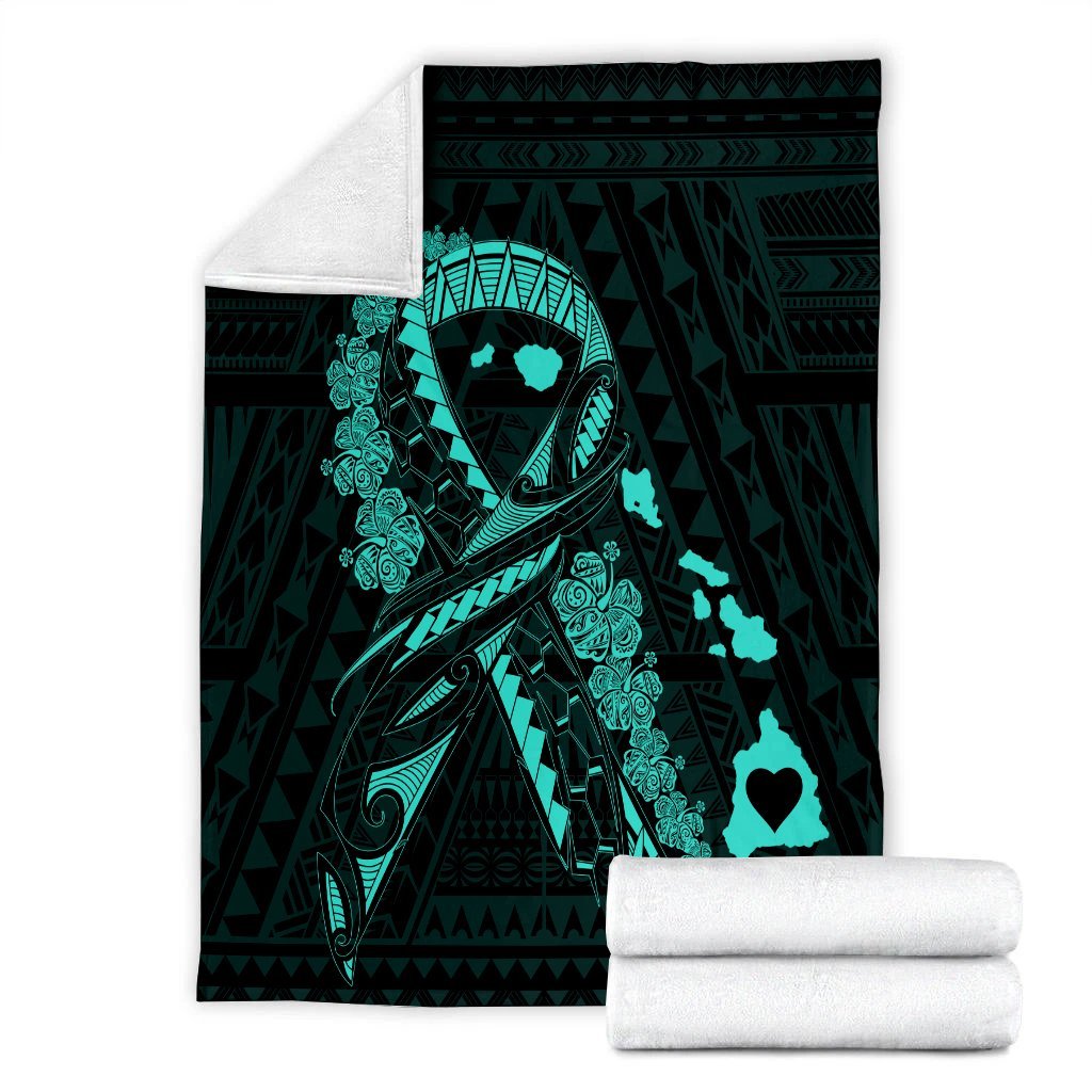 Hawaiian Map Heart Ribbon Cancer Hibiscus Turquoise Polynesian Premium Blankets - AH - Polynesian Pride