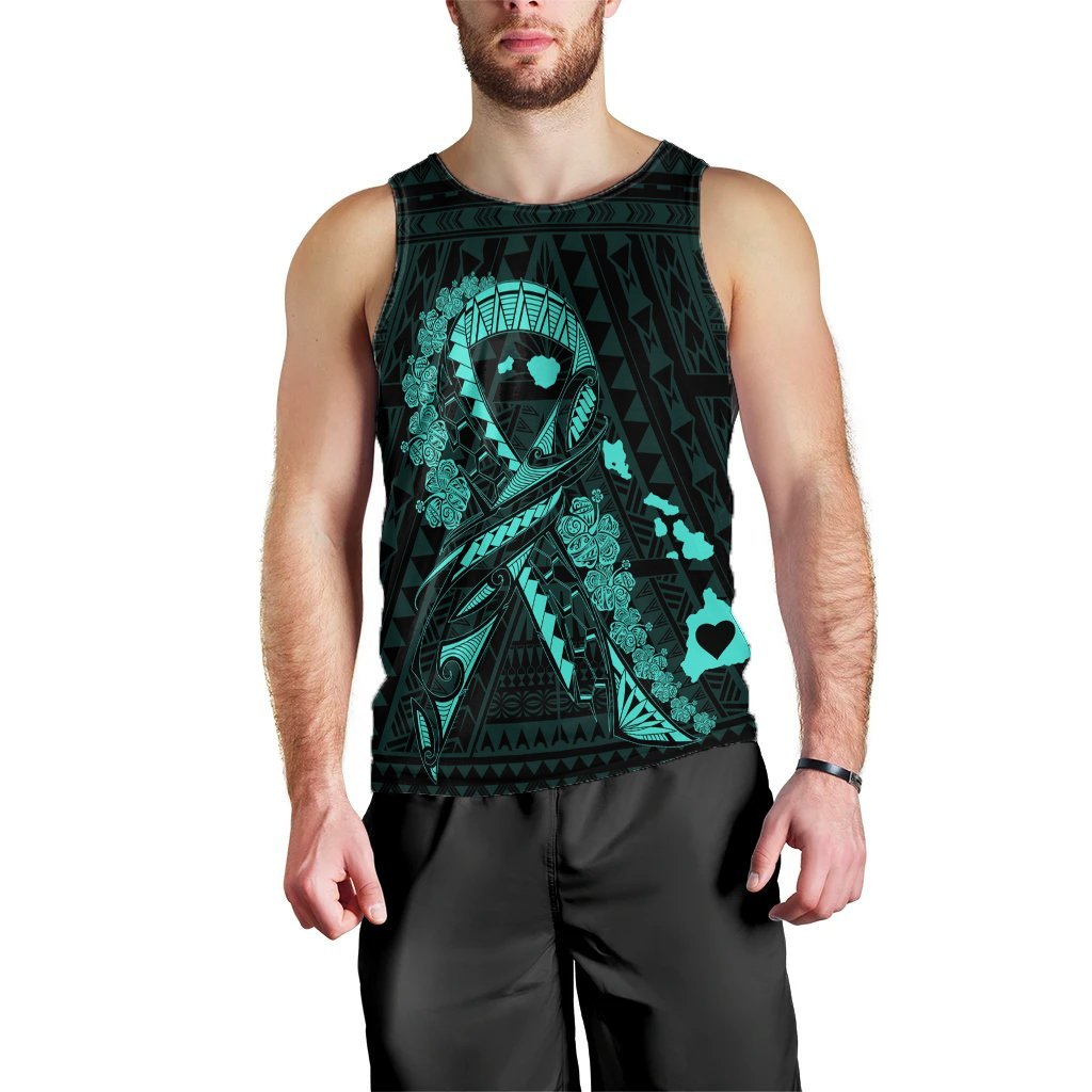 Hawaiian Map Heart Ribbon Cancer Hibiscus Turquoise Polynesian Tank Top - AH Black - Polynesian Pride
