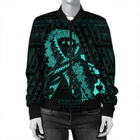Hawaiian Map Heart Ribbon Cancer Hibiscus Turquoise Polynesian Bomber Jacket - AH - Polynesian Pride