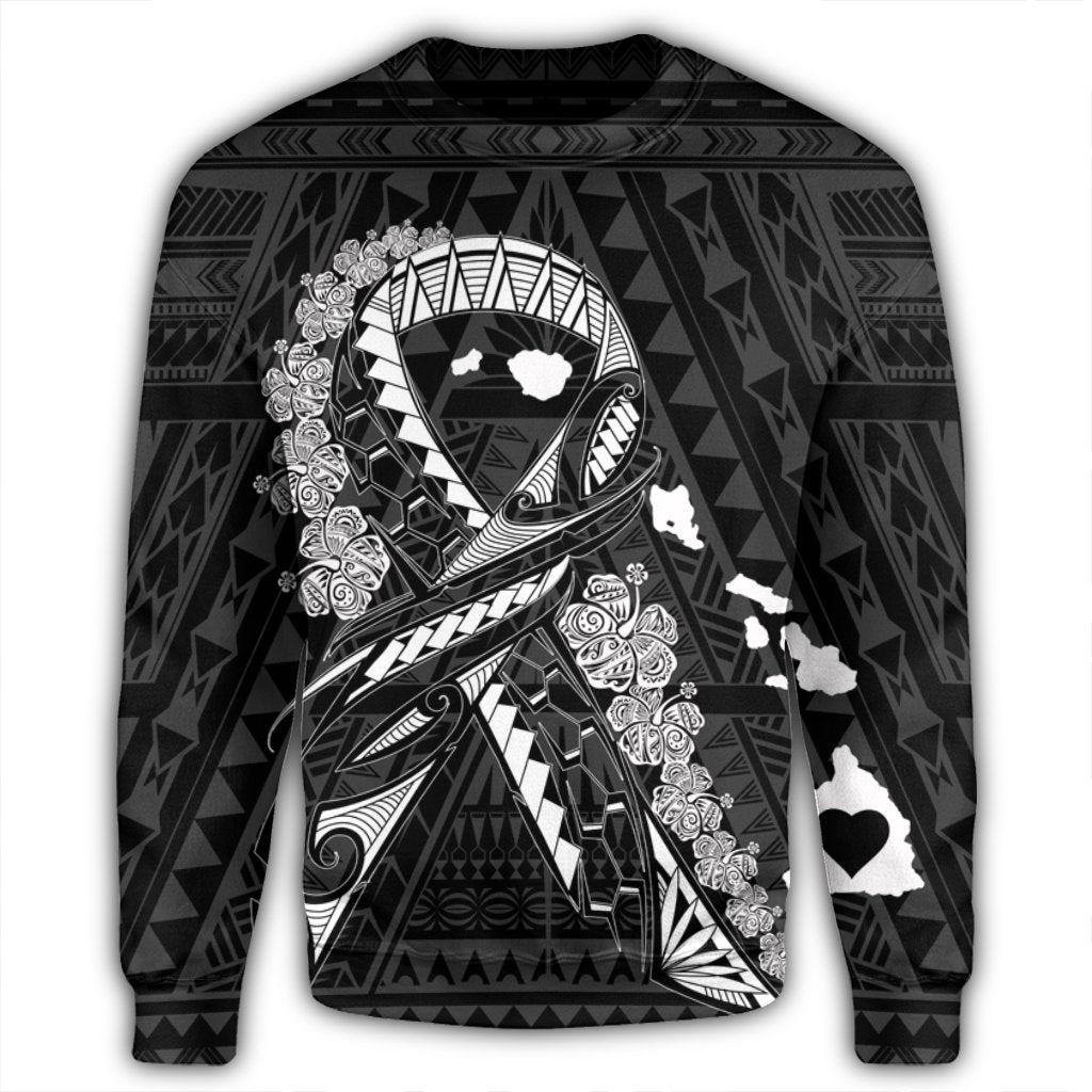 Hawaiian Map Heart Ribbon Cancer Hibiscus White Polynesian Sweatshirt - AH - Polynesian Pride