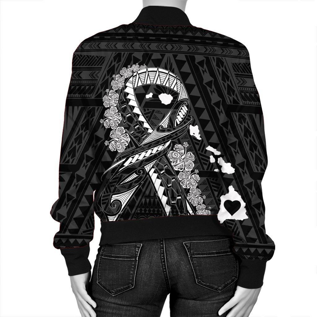 Hawaiian Map Heart Ribbon Cancer Hibiscus White Polynesian Bomber Jacket - AH - Polynesian Pride