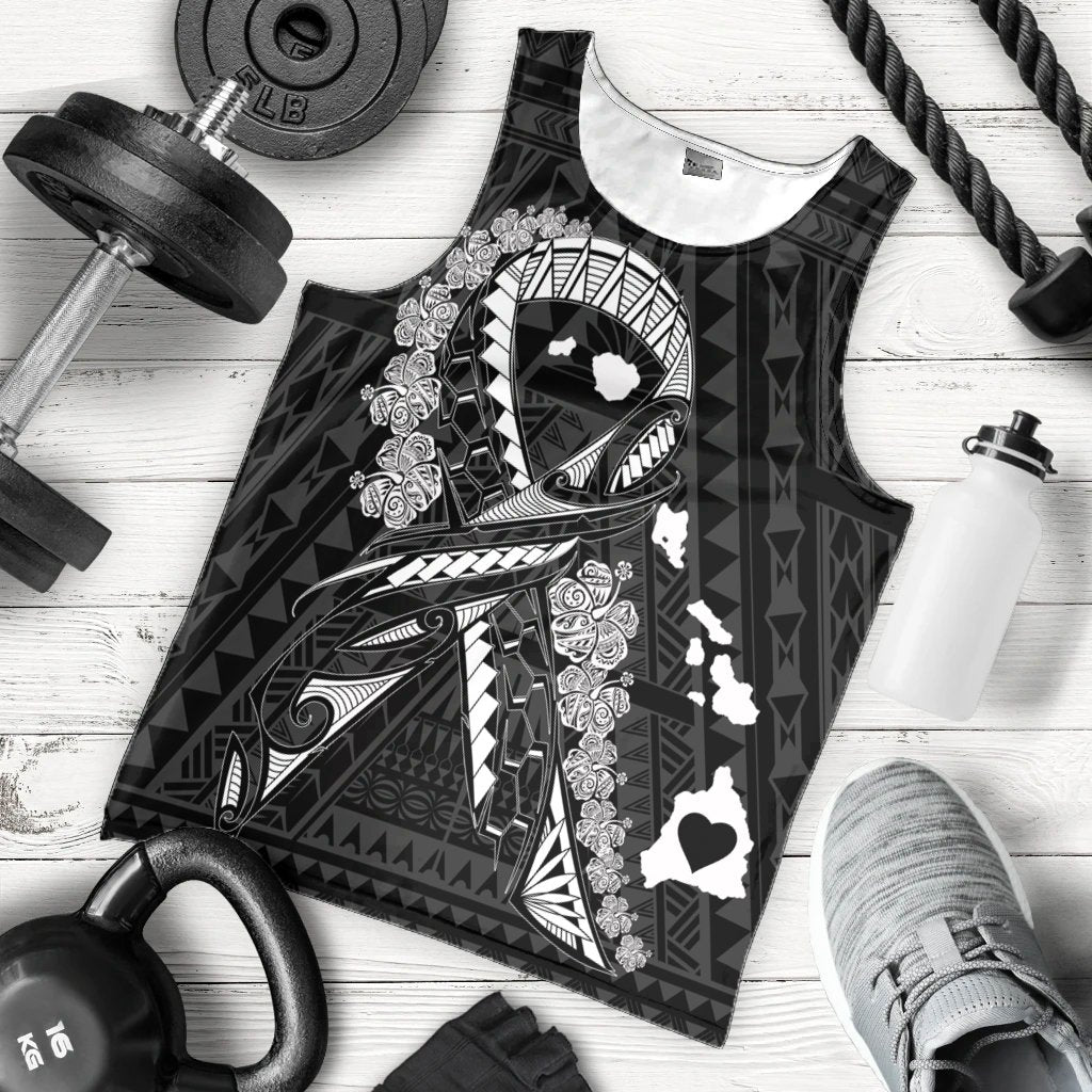 Hawaiian Map Heart Ribbon Cancer Hibiscus White Polynesian Tank Top - AH - Polynesian Pride