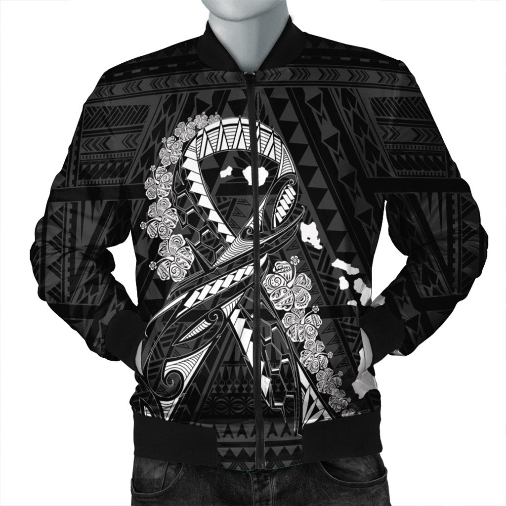 Hawaiian Map Heart Ribbon Cancer Hibiscus White Polynesian Bomber Jacket - AH Black Unisex - Polynesian Pride