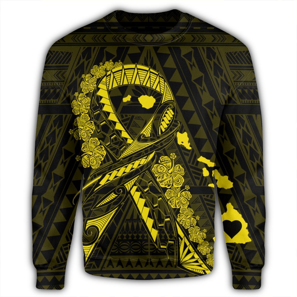 Hawaiian Map Heart Ribbon Cancer Hibiscus Yellow Polynesian Sweatshirt - AH - Polynesian Pride