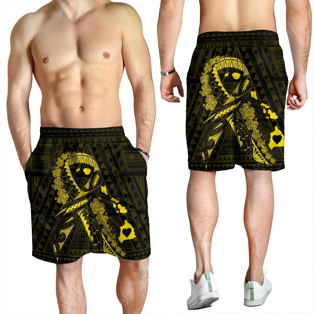 Hawaiian Map Heart Ribbon Cancer Hibiscus Yellow Polynesian Men's Shorts - AH - Polynesian Pride