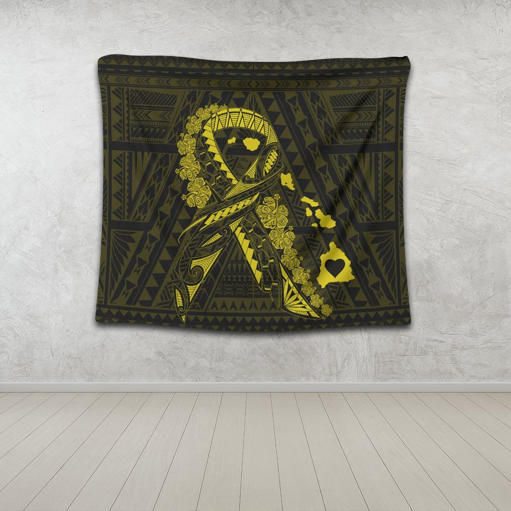 Hawaiian Map Heart Ribbon Cancer Hibiscus Yellow Polynesian Tapestry - AH - Polynesian Pride