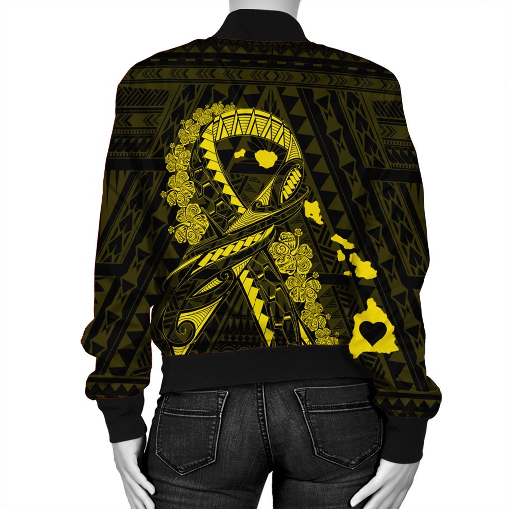 Hawaiian Map Heart Ribbon Cancer Hibiscus Yellow Polynesian Bomber Jacket - AH - Polynesian Pride