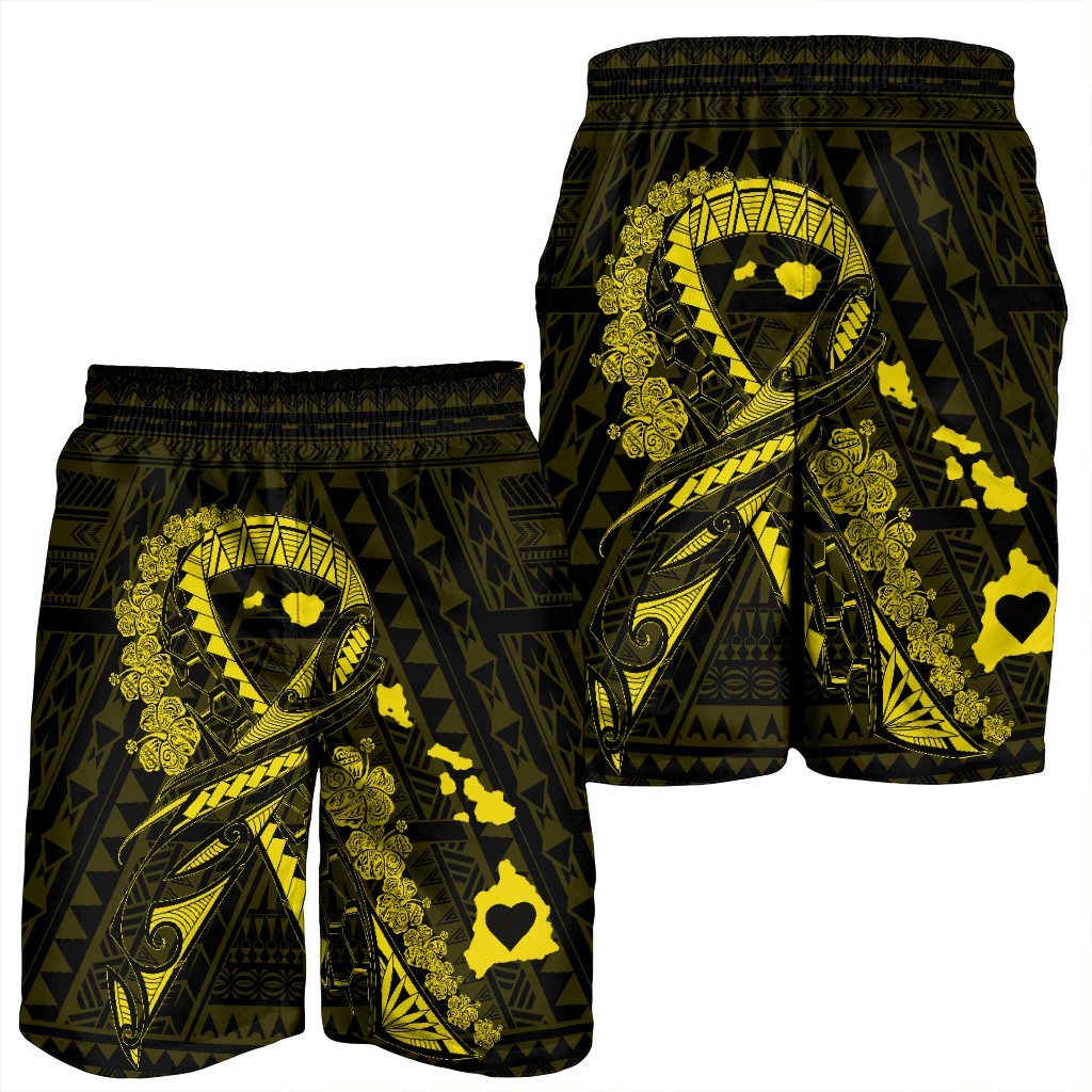 Hawaiian Map Heart Ribbon Cancer Hibiscus Yellow Polynesian Men's Shorts - AH - Polynesian Pride