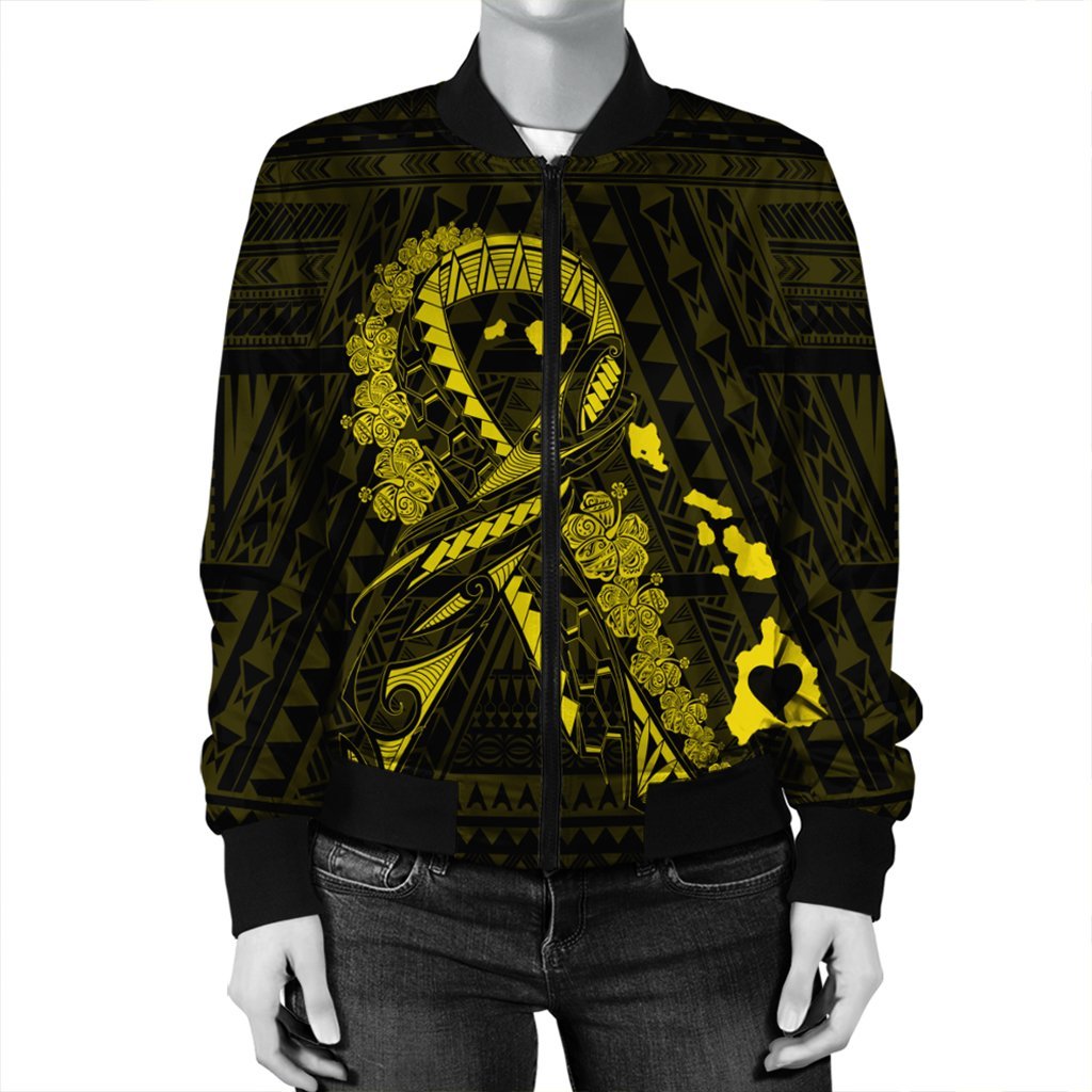 Hawaiian Map Heart Ribbon Cancer Hibiscus Yellow Polynesian Bomber Jacket - AH - Polynesian Pride