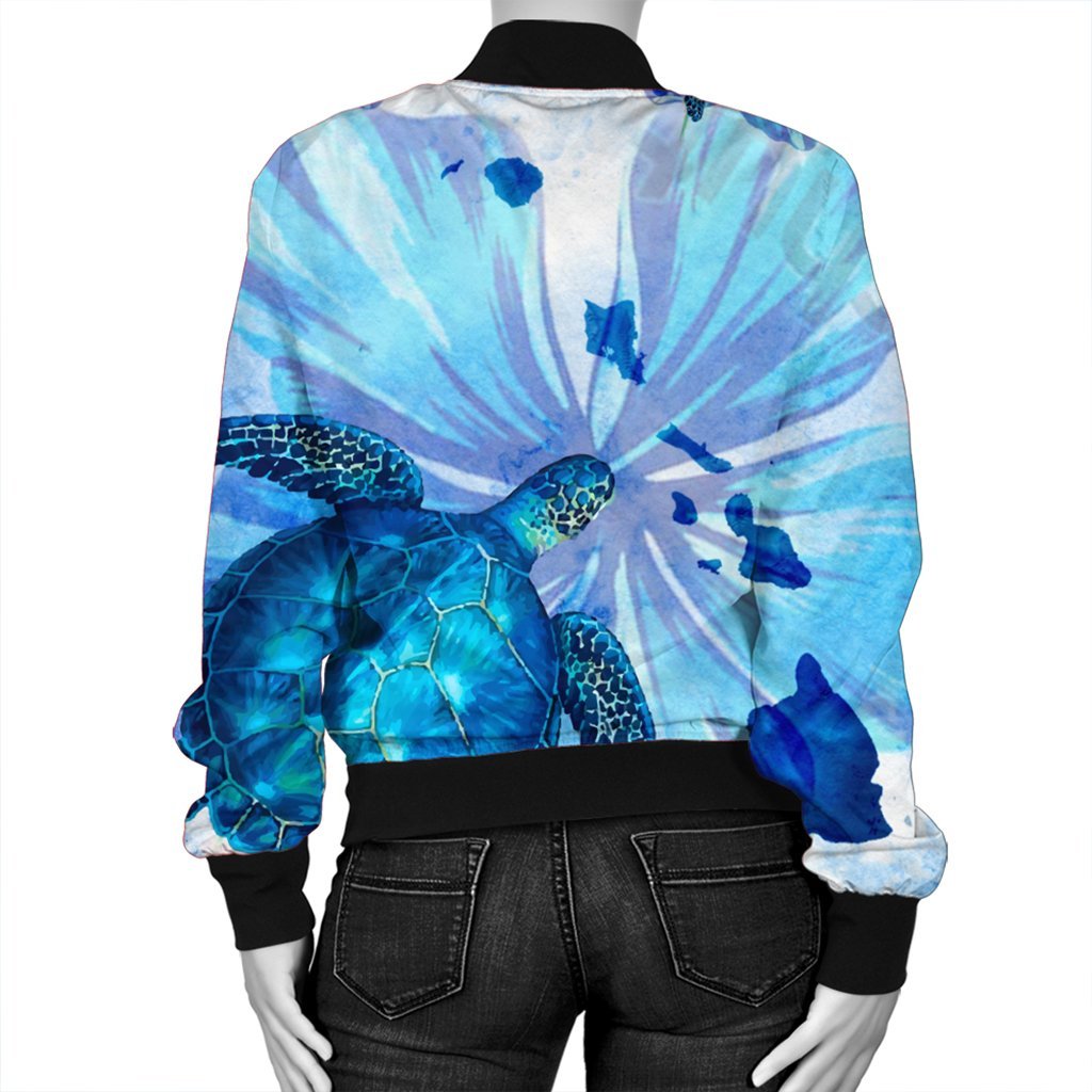 Hawaiian Map Hibiscus Flower Turtle Polynesian Bomber Jacket Blue - AH - Polynesian Pride