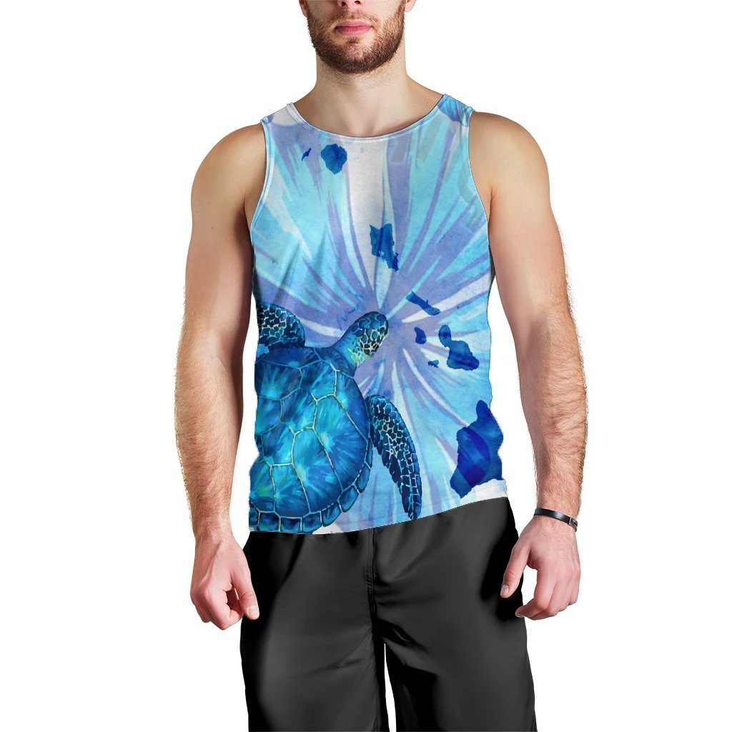 Hawaiian Map Hibiscus Flower Turtle Polynesian Tank Top Blue - AH Black - Polynesian Pride