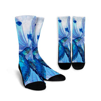 Hawaiian Map Hibiscus Flower Turtle Polynesian Crew Socks Blue - AH Crew Socks White - Polynesian Pride