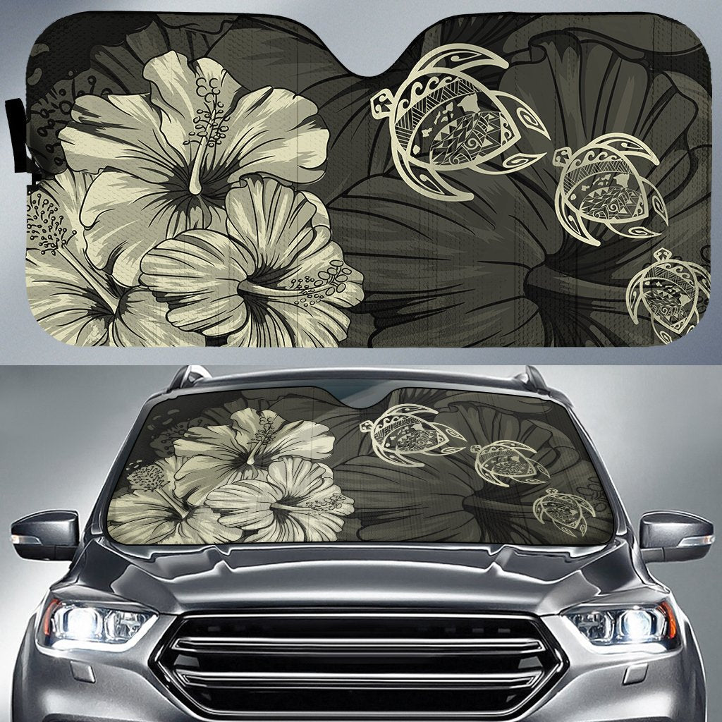 Hawaiian Map Hibiscus Flowers Vintage Polynesian Hawaii Car Sun Shade - Beige Auto Sun Shade Universal Fit Beige - Polynesian Pride