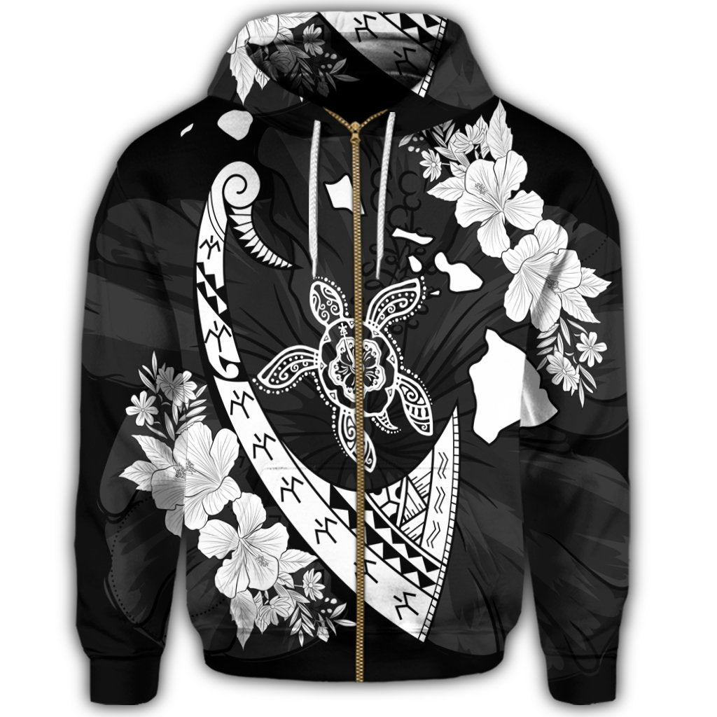 Hawaiian Map Hibiscus Turtle Fish Hook Polynesian Zip Hoodie - Polynesian Pride