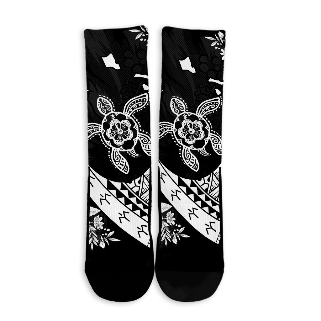Hawaiian Map Hibiscus Turtle Fish Hook Polynesian Crew Socks - AH - Polynesian Pride