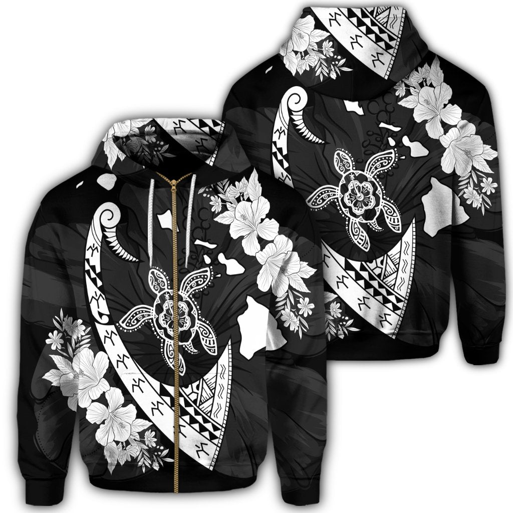 Hawaiian Map Hibiscus Turtle Fish Hook Polynesian Zip Hoodie Unisex Art - Polynesian Pride